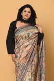 Beige Printed Katha Work Tussar Saree