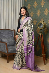 Black-Purple Pure Tussar Ghicha Printed Saree