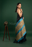 Black Linen Saree with Blue Pallu
