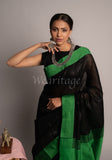 Black Linen Saree with Green Border