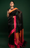 Black Linen Saree with Orange-pink border