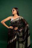 Black Linen Saree with Silver Border