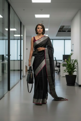 Black Linen Saree with Silver Pink Border