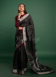 Black Linen Saree with Silver Pink Border