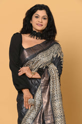 Black Pure Tussar Ghicha Printed Saree