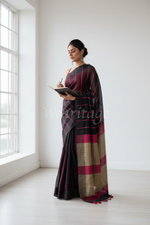 Black Linen Saree with Pink stripes