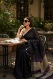 Black Linen Saree with Purple Pallu