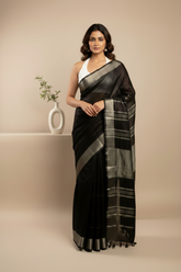 Black Linen Saree with Silver Border
