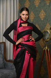 Black linen saree with Pink Border