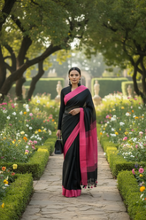 Black linen saree with Pink Border