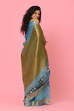 Blue-Golden Linen Tissue Handwork Embroidary Saree