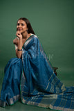 Blue Linen Saree with Green Border