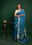 Blue Linen Saree with Green Border