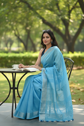 Blue Linen Saree with Silver Pallu