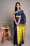 Blue Linen Saree with Yellow Pallu