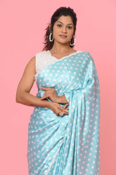 Blue Polka Dots Satin Saree with Stitched Blouse