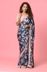 Blue Satin Printed Saree with one stitched blouse and one unstitched blouse piece