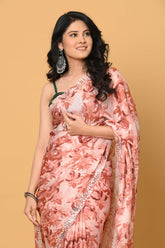 Brown Satin Printed Saree