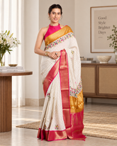 Offwhite Checks Moonga Silk Pink Mustard Border Hand Embroidered Saree