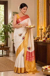 Offwhite Checks Moonga Silk Red Mustard Border Hand Embroidered Saree