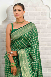 Dark Green Soft Silk Banarasi Saree With Jaal Border