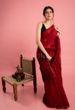 Dark Red Handmade Bagh Print Chanderi Saree