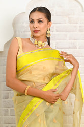 Florecent Yellow Pure Silk Handwoven Chanderi Saree