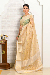 Golden Pure Silk Zari weave Rajwadi Eknaliya double Meena Booti Chanderi Saree