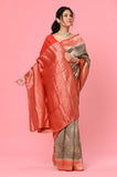 Gray-Red Moonga Silk Banarasi Saree
