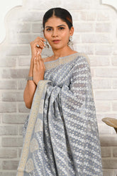 Gray Kora Cotton Banarasi Saree With Double Weaving Thread And Zari Work