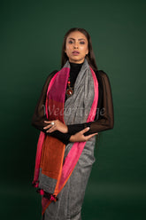 Gray Linen Sareee with Orange-Pink Border