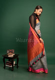 Gray Linen Sareee with Orange-Pink Border