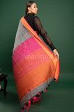 Gray Linen Sareee with Orange-Pink Border