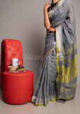 Gray Yellow Linen Saree