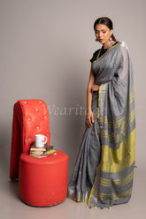 Gray Yellow Linen Saree
