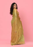 Green-Golden Linen Tissue Handwork Embroidary Saree