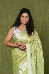 Green-White Linen Tissue Handwork Embroidary Saree