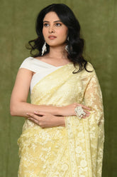 Lemon Yellow Kora Embroidary Jaal Saree with Chanderi Digital Blouse Piece