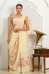 Light Yellow Pink Booti Linen Saree