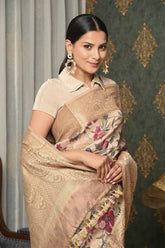 Off-White-Pink Printed Chanderi Saree