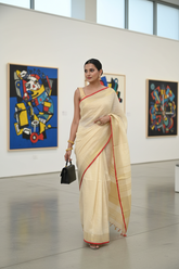 Off-White Linen Saree with Golden Border
