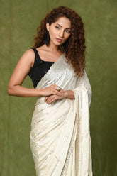 Off White Chiffon Satin Mirror Work Designer Saree