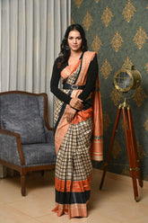 Offwhite Checks Pure Tussar Ghicha Printed Saree with Orange Pallu
