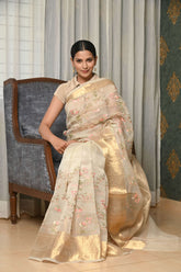 Offwhite Kora Banarasi Saree With Golden Zari Border