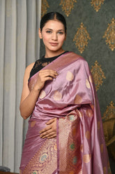 Pastel Purple Handwoven Katan Silk Banarasi Saree With Meena Border