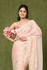 Peach Embroidered Georgette Organza Designer Saree