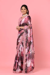 Pink Satin Printed Saree with one stitched blouse and one unstitched blouse piece