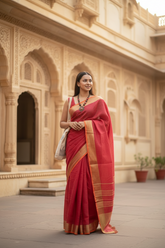 Red Linen Saree with Orange Golden border