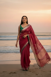 Red Linen Saree with Green Golden Border