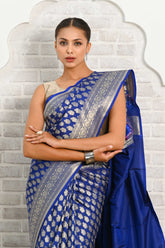 Royal Blue Soft Silk Banarasi Saree With Jaal Border